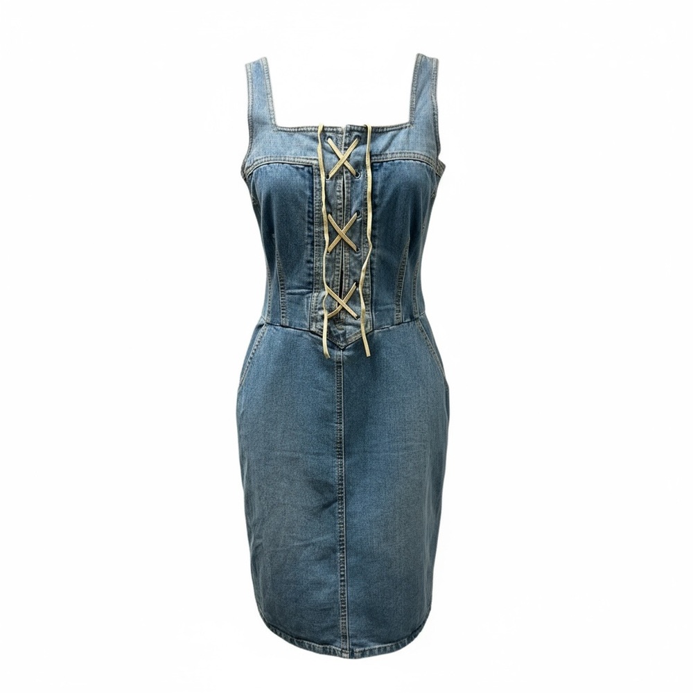 Vintage Marc Jacobs denim midi dress size 4. Y2K. Suede straps